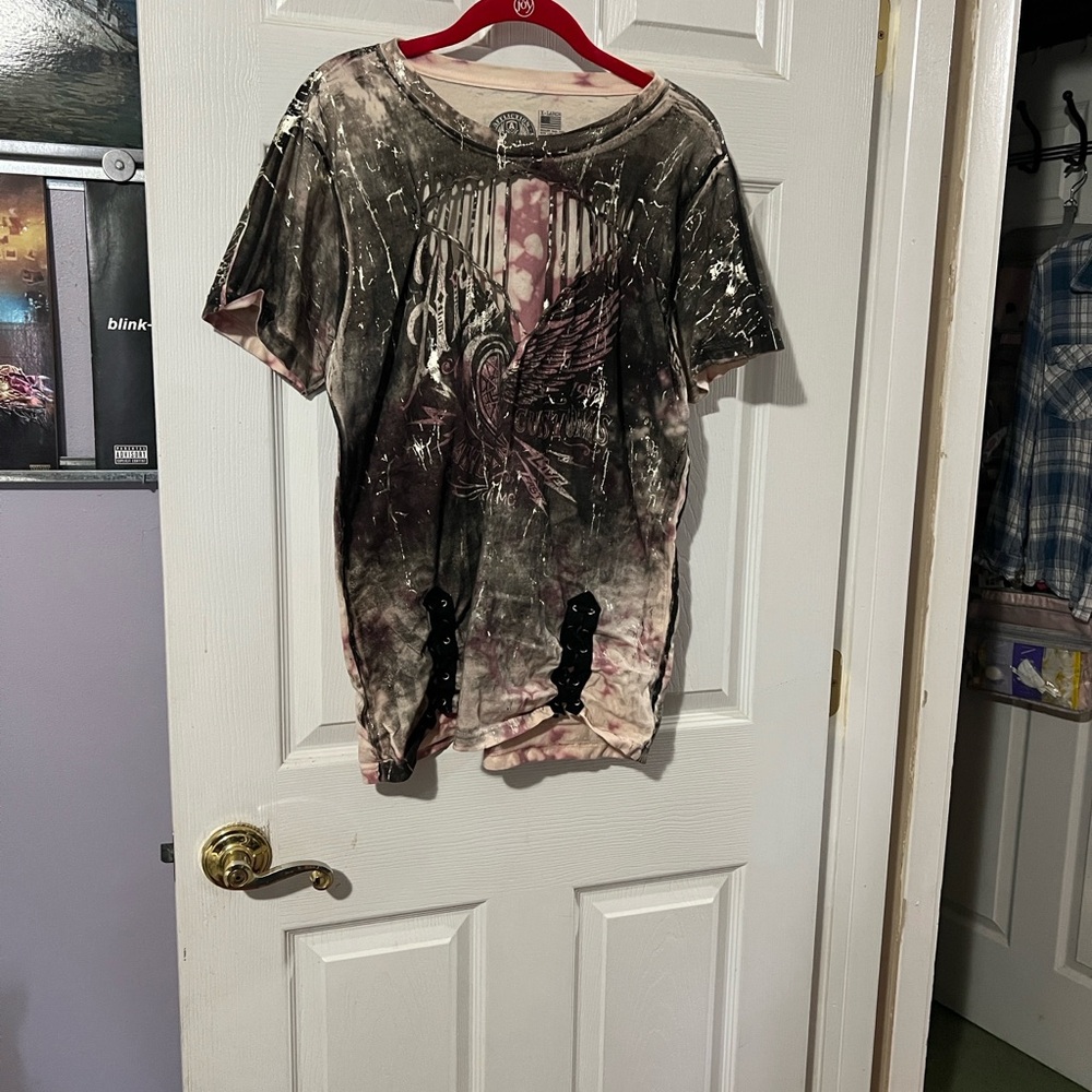 Affliction Black and Pink Cutout Graphic Tee from Buckle